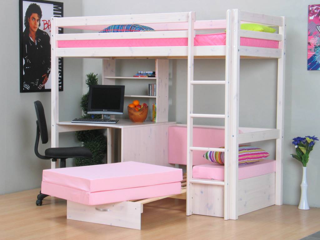 Thuka witte hoogslaper thuka met bureau, bank en kussens ... Stapelbed moderne