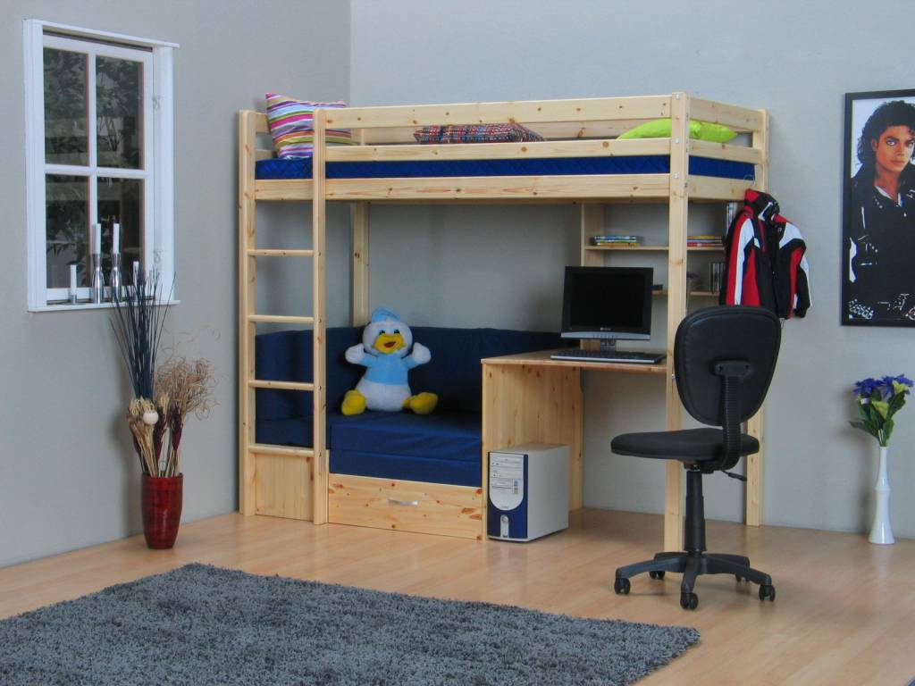 Thuka hoogslaper grenen thuka flip met bureau, bank en kussens ... Stapelbed moderne