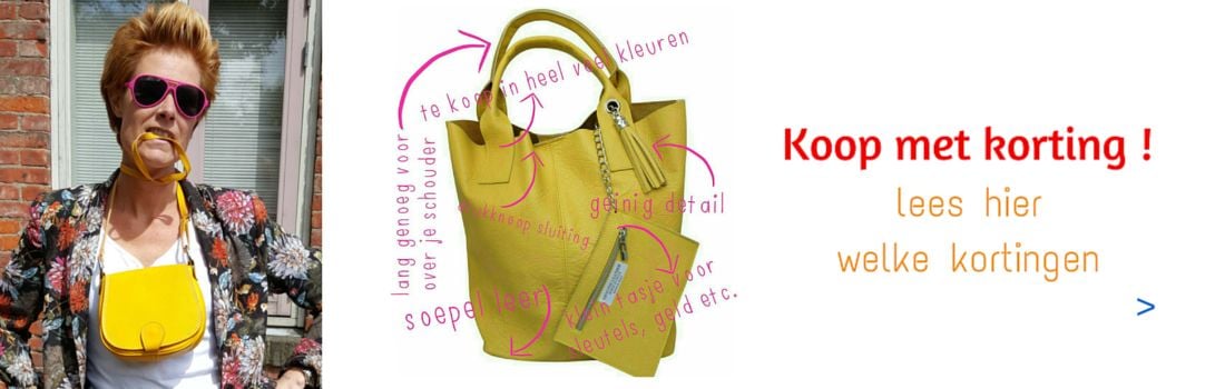 Kortingsactie; 3 halen 2 betalen op leren shoppers, kleine schoudertassen en de bag in bags.