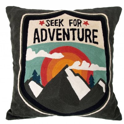 Grey hand-embroidered pillow 50cm, "embroidered adventure cushion"