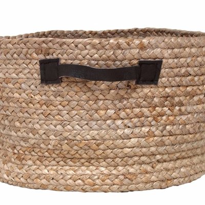 Opbergmand van hennep met leren handvaten 40x25cm, "round basket"