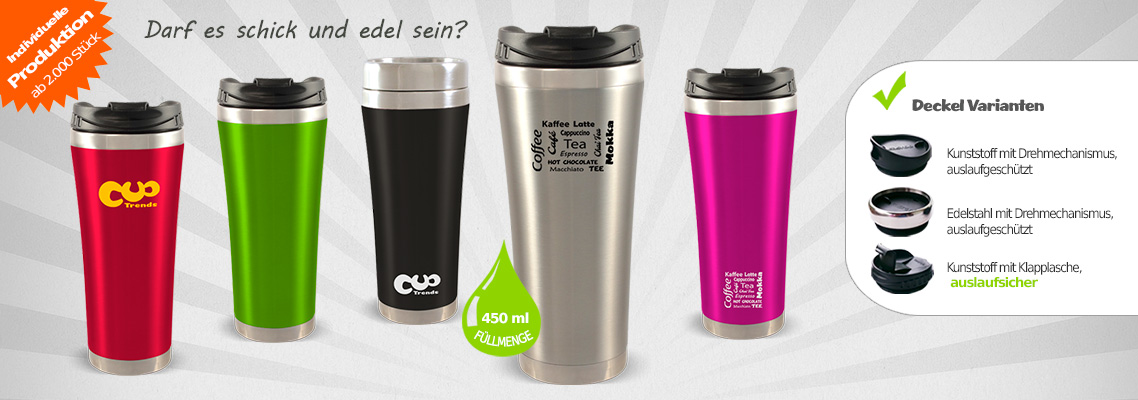Thermobecher Edelstahl - 450 ml, individuell bedrucken, 100% auslaufsicher, pink, grün, rot, orange, braun, schwarz, silber, Thermosbecher