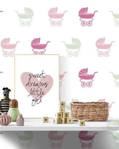 Behang wandelwagen groen roze