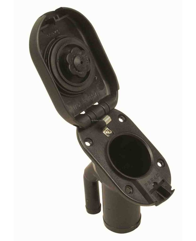 Filler pipe for gasoline or water with flip top cap; vented; for 11/2