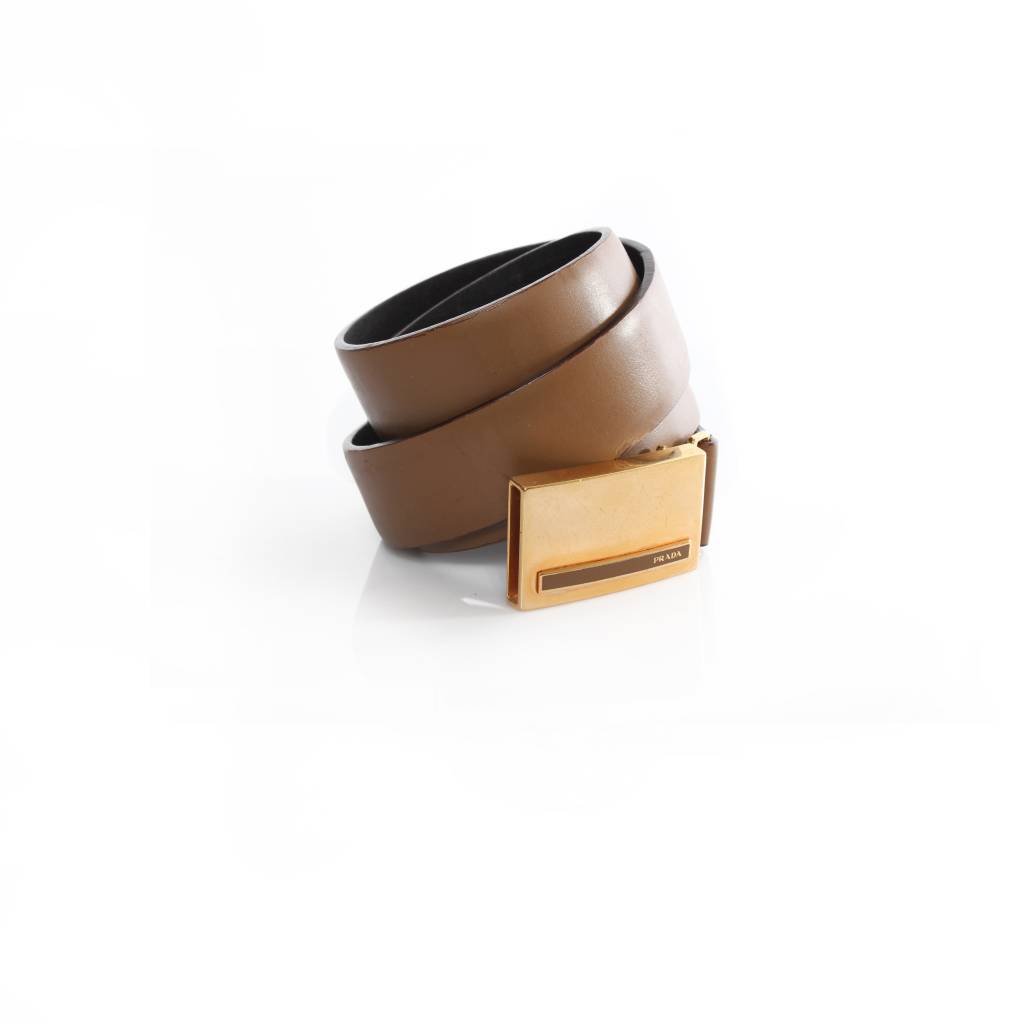 Prada Prada, camel brown leather belt with gold buckle in size 90 ...  
