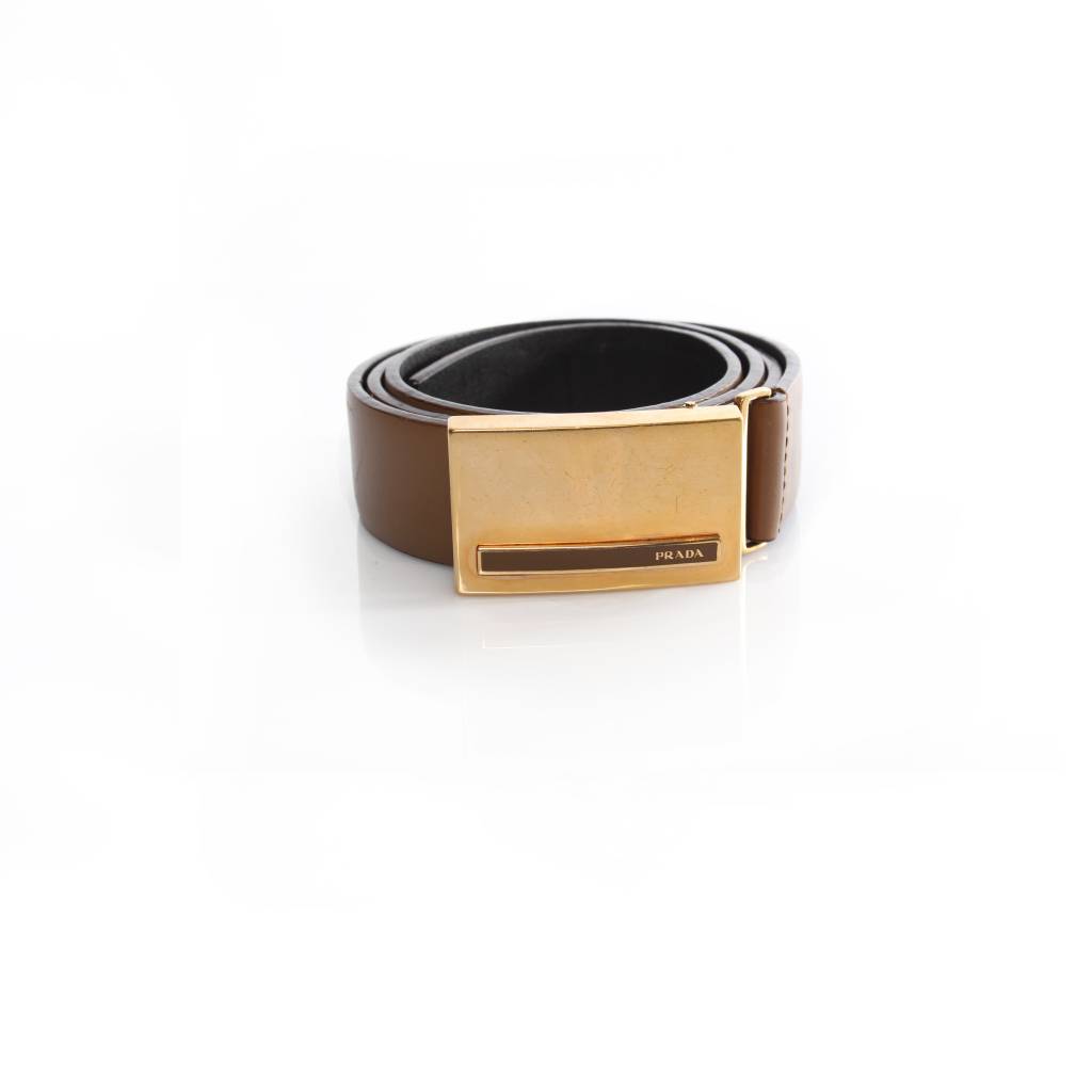 Prada Prada, camel brown leather belt with gold buckle in size 90 ...  