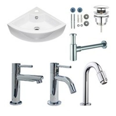Sanitairstunthal Fonteinset hoek 32 x 32 cm compleet met kraan en design afvoer