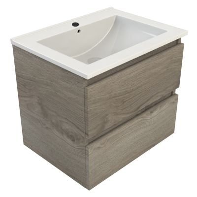 Sanitairstunthal Just wastafelonderkast 60x46 cm.2x lade met keramische wastafel zilver eiken