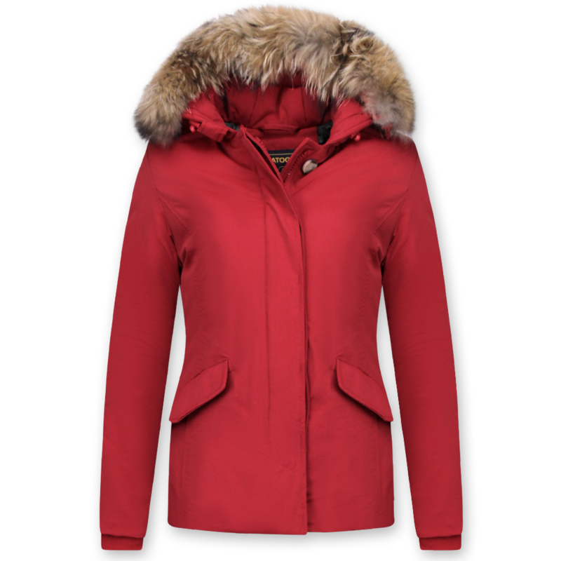 Damen Winterjacke mit Kapuze Pelz Rot | NEU