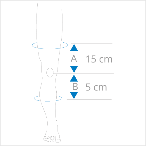 15cm boven 5cm onder knie