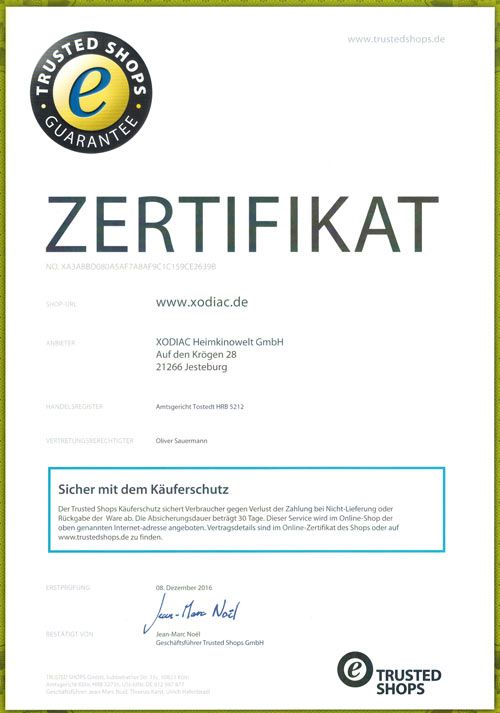 XODIAC Heimkinowelt seit heute Trusted Shops zertifiziert !
