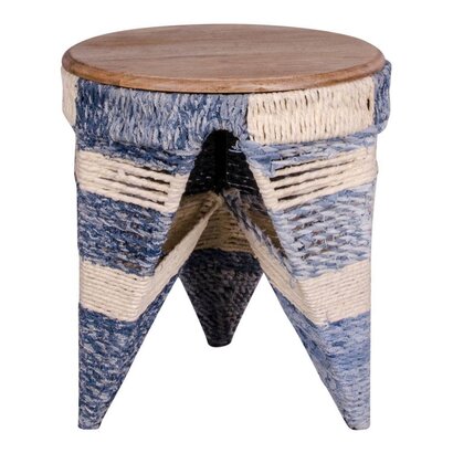 Norrut Sissi hocker rond met blad in mangohout en onderstel in katoen in wit en blauw