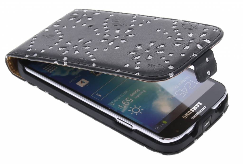 Image of Zwarte bloemblad design flipcase voor Samsung Galaxy S4