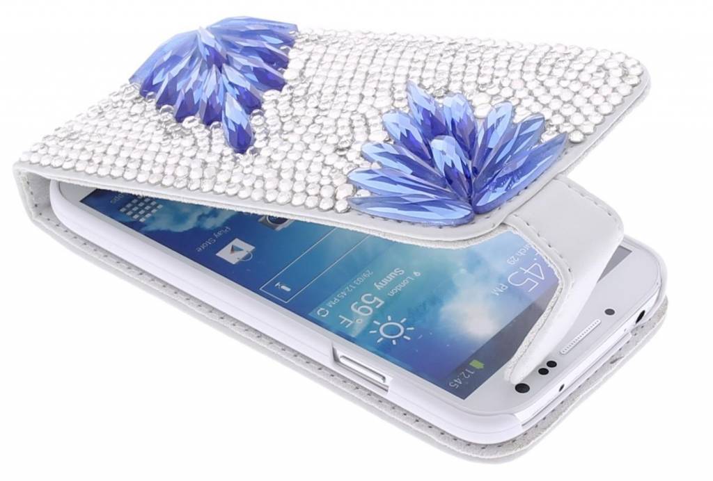 Image of Blauw bloemblad flipcase met glazen strass-stenen voor de Samsung Galaxy S4