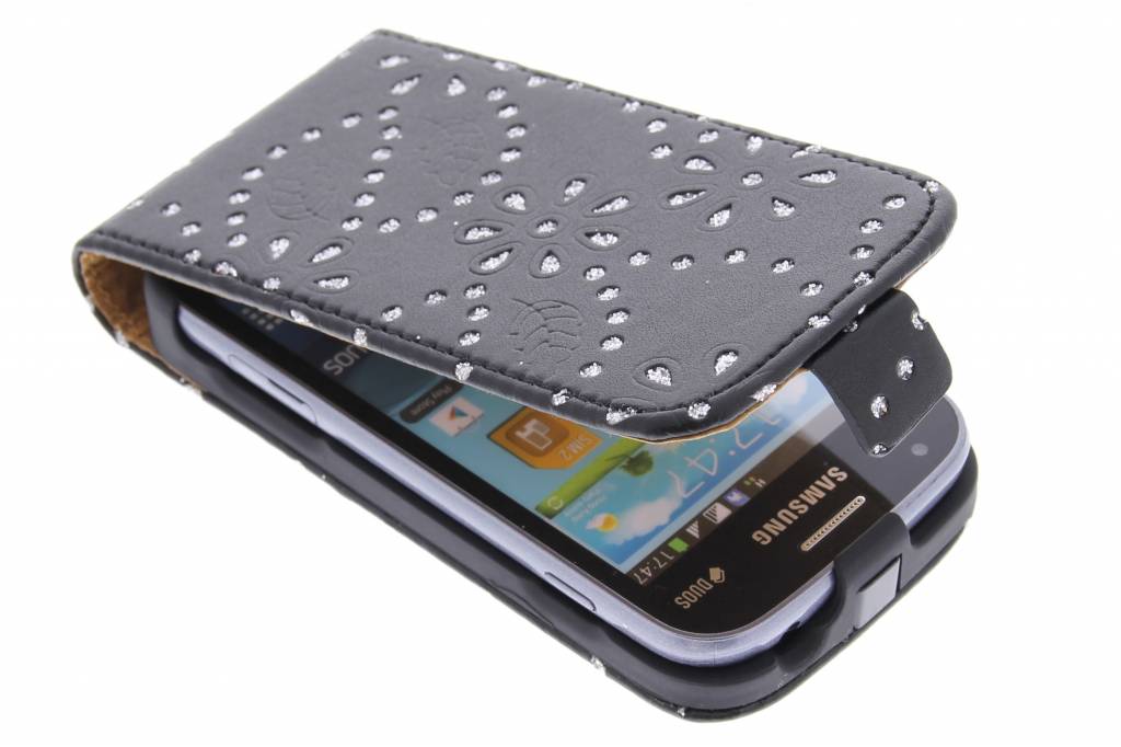 Image of Zwart bloemblad design flipcase voor de Samsung Galaxy S Duos / Trend (Plus)