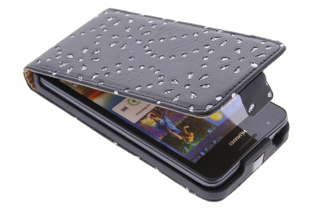 Image of Zwarte bloemblad design flipcase voor de Huawei Ascend G510