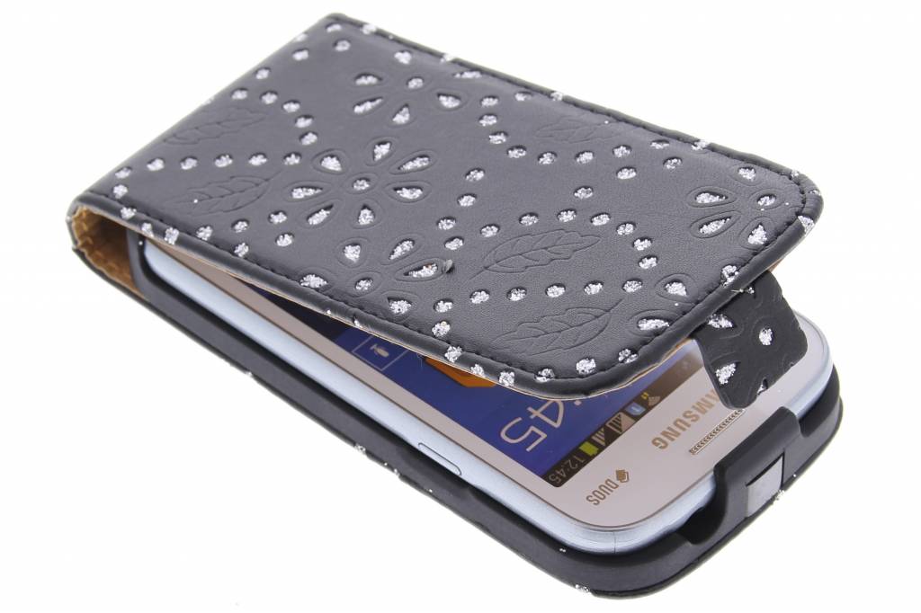 Image of Zwarte bloemblad design flipcase voor de Samsung Galaxy Trend Lite