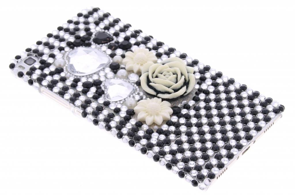 Image of Zwart/wit bloemen design BlingBling hardcase hoesje voor de Huawei P8