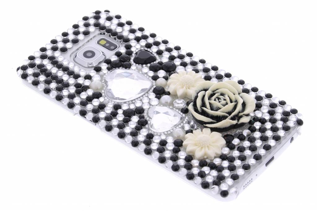 Image of Zwart/wit bloemen BlingBling hardcase hoesje voor de Samsung Galaxy S6 Edge