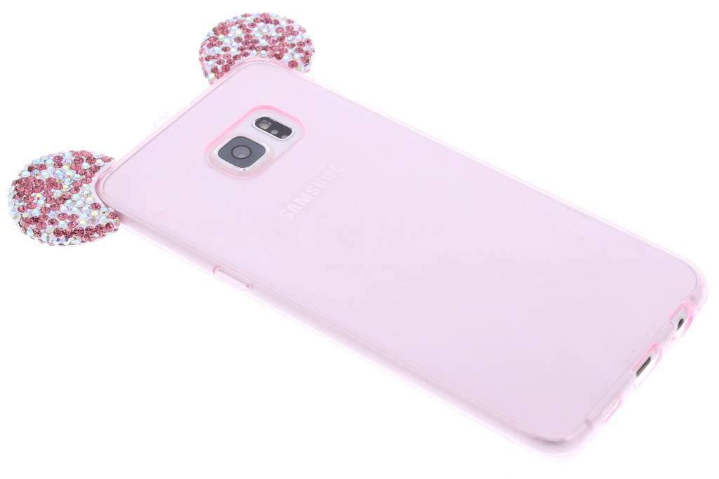 Image of Roze glittermuis TPU hoesje met fuchsia strass oortjes voor de Samsung Galaxy S6 Edge