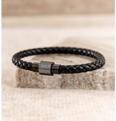 Vingerafdruk Armband Heren - Zwart Leer