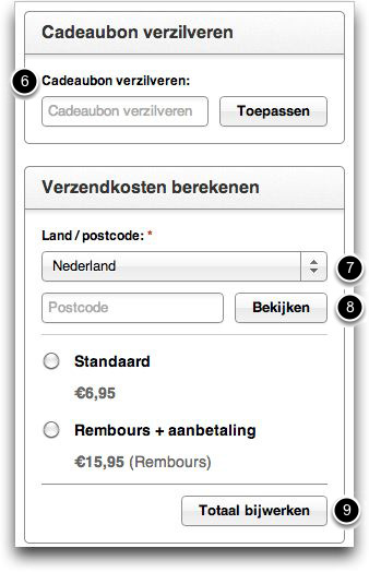 Cadeaubon verzilveren en verzendkosten berekenen