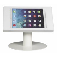 Tafelstandaard voor 9,7-inch iPads; Fino witte acrylaat behuizing met slot en voet van wit gecoat staal