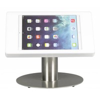 Tafelstandaard voor iPad Mini; Fino witte acrylaat behuizing met slot en voet van RVS/geborsteld staal