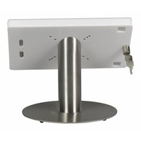 Tafelstandaard voor iPad Mini; Fino witte acrylaat behuizing met slot en voet van RVS/geborsteld staal
