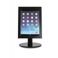Budget tafelstandaard/wandhouder voor iPad 2017, Pro 9.7/ Air; Prezzo voor 9-10 inch tablets, met hangslot afsluitbare cassette en drie gebruiksmogelijkheden; wandmontage, tafelmontage en tafelstaander in gecoat zwart staal.