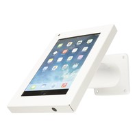 Witte iPad mini houder, bevestigd aan wand of tafel; Securo voor 7 tot 8 inch tablets; diefstalveilige behuizing en stevige voet van wit gecoat staal