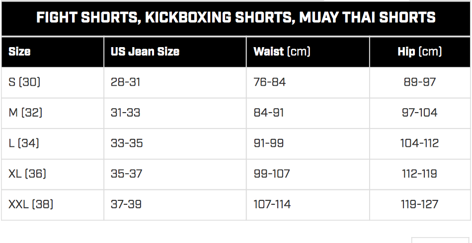 Mma Shorts Size Chart