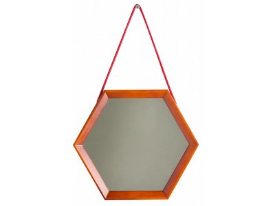 Lazio - Hexagon Hangspiegel - Teak Kleur met Rood Koord