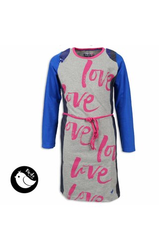 Birds by D-rak Jurk grijs met blauw, roze tekst Birds by D-rak Jurk grijs met blauw, roze tekst