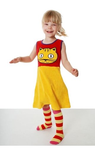 DUNS Sweden Overgooier badstof Kat, rood geel DUNS Sweden Overgooier badstof Kat, rood geel