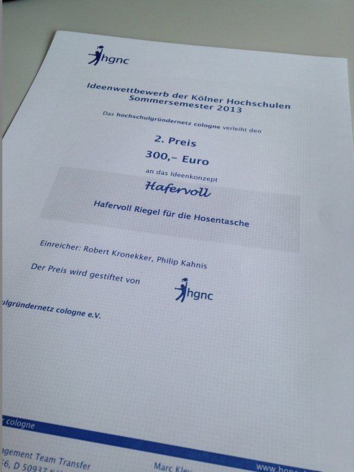 Zweiter Sieger beim Ideenwettbewerb des "hochschulgründernetz cologne e.V."