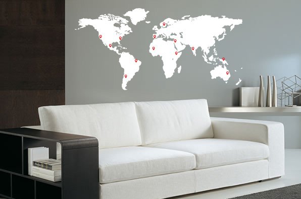Muursticker wereldkaart met pin points walldesign56.com Woonkamer muurdecoratie wereldkaart