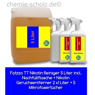 Fatzzo TT Nikotin Reiniger 5 Liter incl. Nachfüllflasche + Nikotin Geruchsentferner 2 x1 Liter + 5 Mikrofasertücher