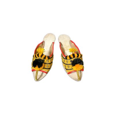 Orientalische Leder-Pantolette mit Pompons in SchwarzGelb