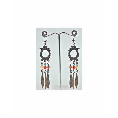 Oriental Tribal Chandelier Earrings - Gold Tone Blackened