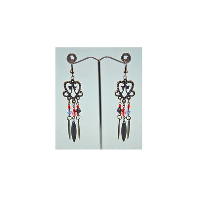 Oriental Tribal Chandelier Earrings - Gold Tone Blackened - Heart Shape