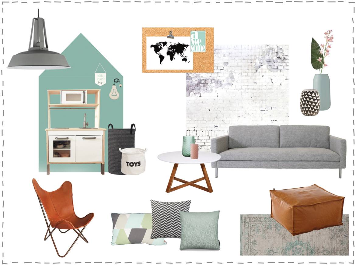 Moodboard woonkamer met aquagroene accenten