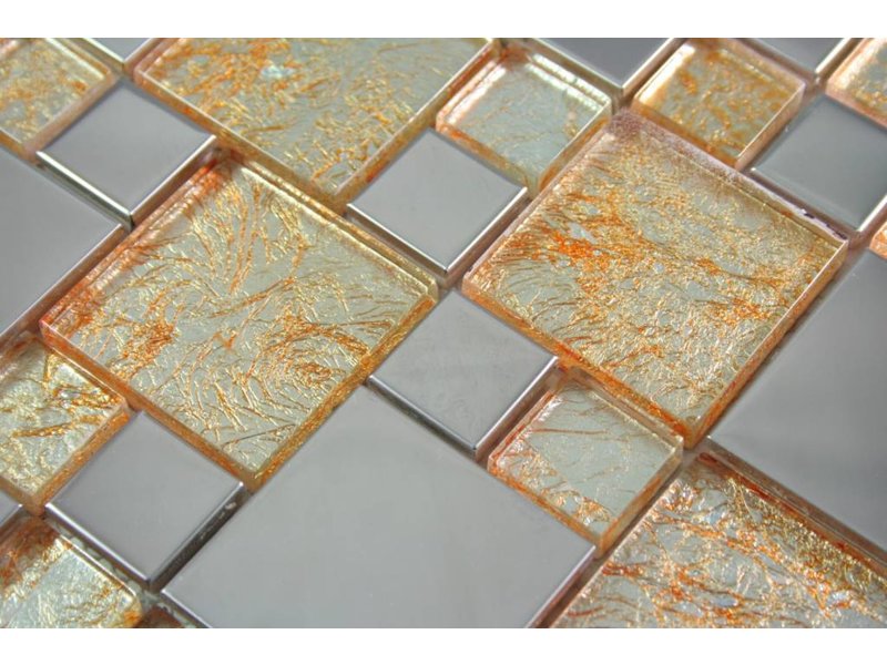 MOSAIKFLIESEN - Modena - Glas / Edelstahl - beige / gold / silber