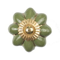 Porseleinen meubelknop groen goud bloem