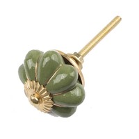 Porseleinen meubelknop groen goud bloem