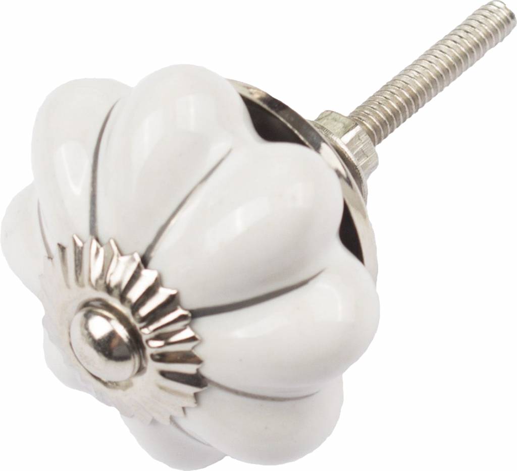 Porseleinen meubelknop bloem wit/zilver smeedijzerenbeslag.nl