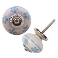 Porseleinen meubelknop wit - blauwe bloemetjes