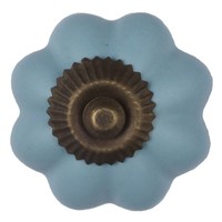 Porseleinen meubelknop bloem blauw - brons