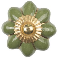 Porseleinen meubelknop groen goud bloem