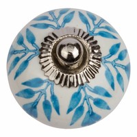 Porseleinen meubelknop wit blauw blaadjes
